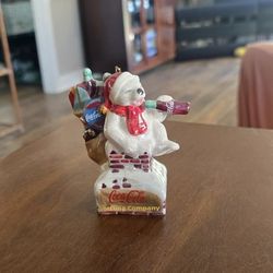 Four Coca Cola Pearlescent Porcelain Christmas Ornaments Santa Polar Bear Chimney 2003