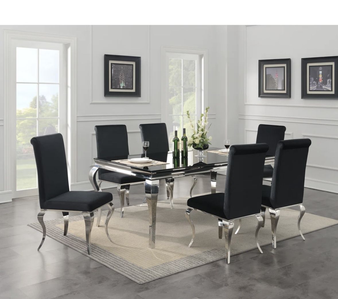 Black Silver & Velvet Dining Set w/ 4 Chairs