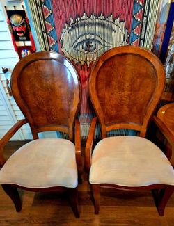 Mid Century Modern  pair of Century Furniture Omni armchairs featuring burled wood frames. 