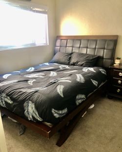 Beautiful Modern Wood Bed Frame w/ Black Leather Headboard From Ashley Furniture 