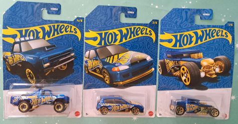 Hot Wheels 58th Anniversary Blue And Gold 3-Car Set Brand New Factory Sealed Packages