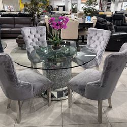 5pc Dining Set 🩶 Grey Velvet Chairs 