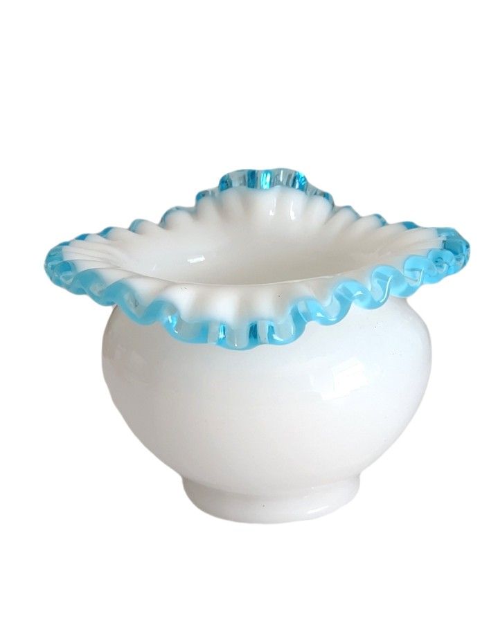 Vintage Fenton Aqua Crest Crimped Edge Milk Glass Rose Bowl