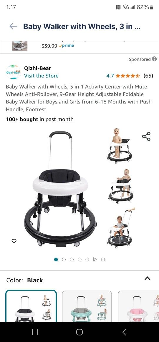 Baby Walker with Wheels, 3 in 1 Activity Center with Mute Wheels Anti-Rollover, 9-Gear Height Adjustable Foldable Baby Walker for Boys and Girls from