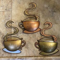 Set Of 3 (Java, Mocha, & Latte) Steaming Metal Coffee Cups Wall Decor