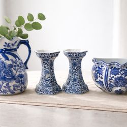 Blue & White Porcelain Decor Set – 4 Piece (Planters & Candle Holders)