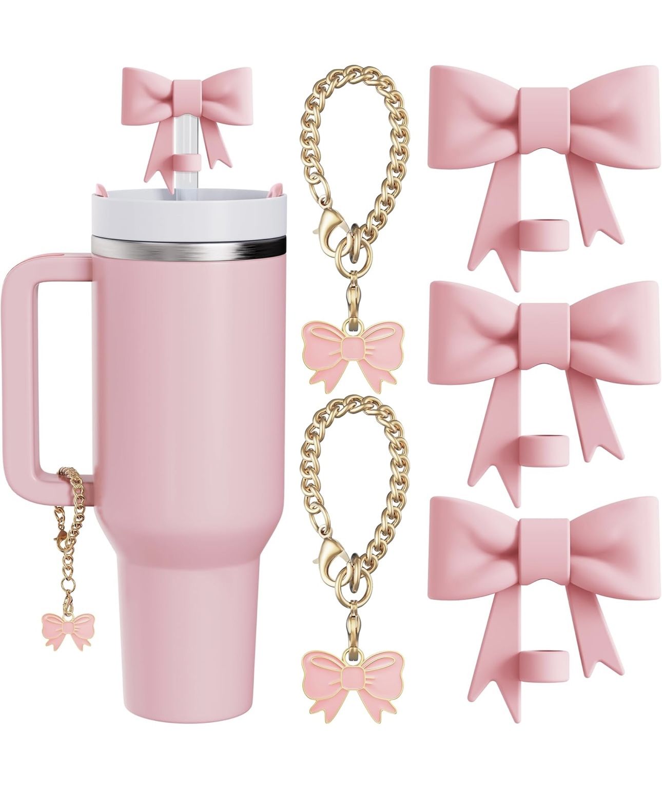 Compatible with Stanley Cup Accessories - 3Pcs 10mm Bow Straw Topper Compatible with Stanley Cup Straw Cover Cap, 2pcs Pink Bow Charms for Stanley 30&