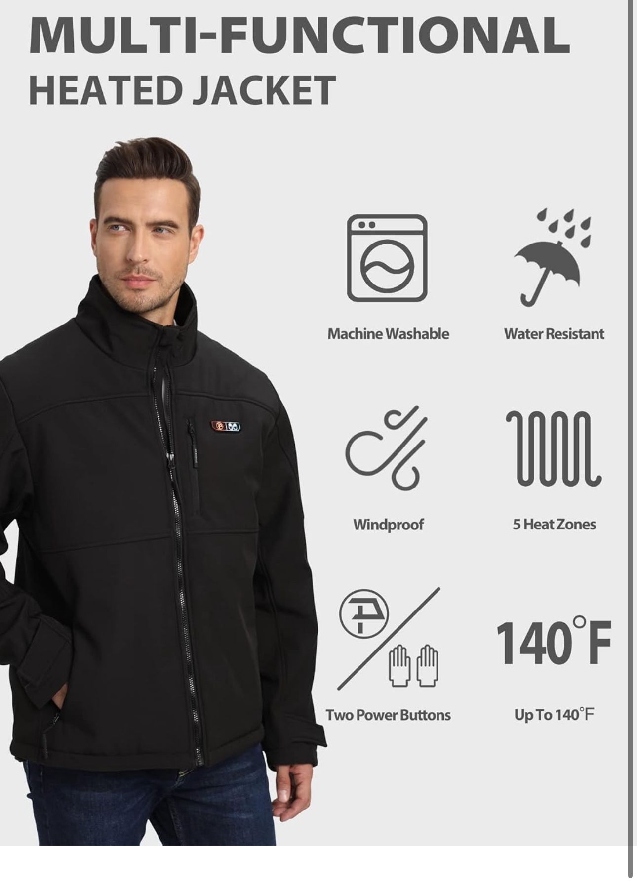 Men's Heated Jackets 5 Heat Zones Battery Pack Included, with Hand Warmer Pocket