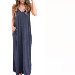 Casual  V Neck Sleeveless Flowy Pockets Loose Long Maxi Beach Dress Sundress