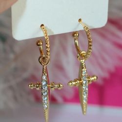 Women Cross 18k Yellow Gold Plated Drop Earrings Cubic Zirconia Jewelry