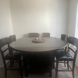 Solid Wood Counter-Height Dining Table w/ 6 Chairs – Lazy Susan + Wine Rack