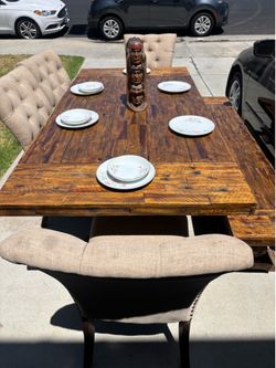 Rustic Solid Wood Dining Table Set – Seats 6-8 – Benches & Upholstered Chairs Included