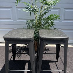 Dark Gray Backless Steel Cushioned Counter Stool with Gray Faux Leather Seat (Set of 2)