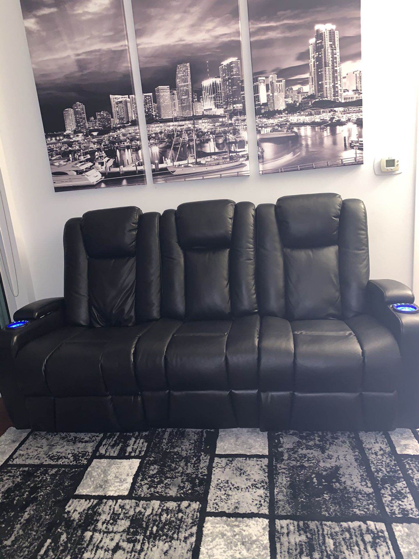 Reclining 3 person sofa / couch with cup holders , USB ports and outlet