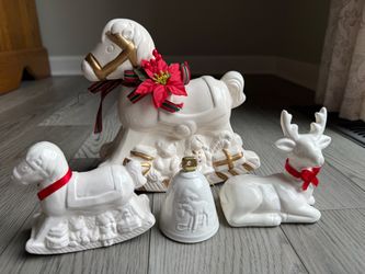Ceramic Christmas Figurine Set - Rocking Horses, Reindeer, and Bell