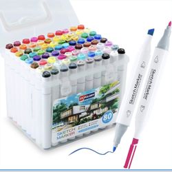 Alcohol Markers, 80 Colors Dual Tip Art Coloring Markers for Adult Coloring Books, Drawing, Sketching, Illustration with Carrying Case-White