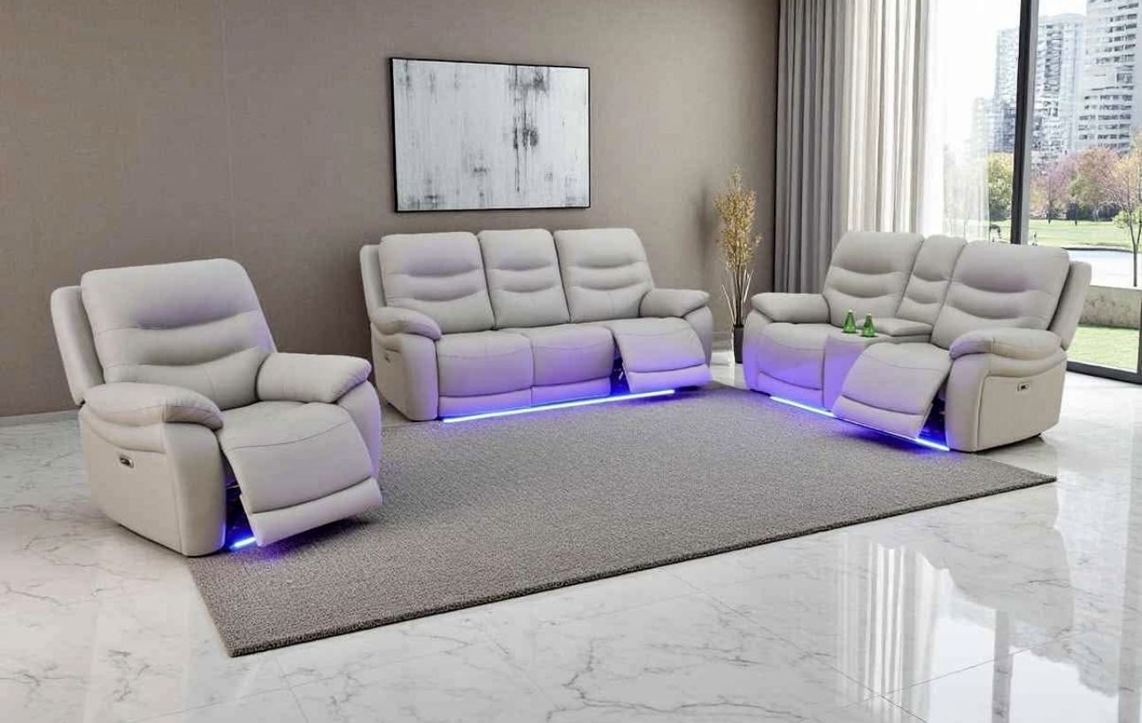 New Power Electric Light gray Leather Fully Reclining Couch Set