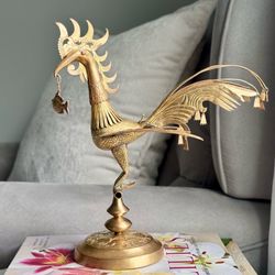 Vintage Brass Rooster Phoenix Bird Sculpture 11 inches
