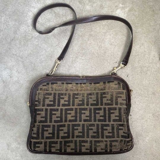 FENDI Rare Shoulder Bag Logo Canvas Leather Brown Women's