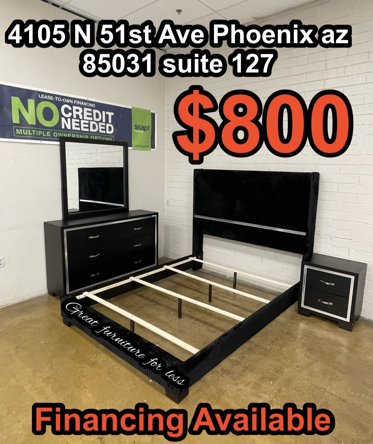 Queen Size Bedroom Set Black Include Bed Frame , Dresser Mirror And Nigstand Brand New