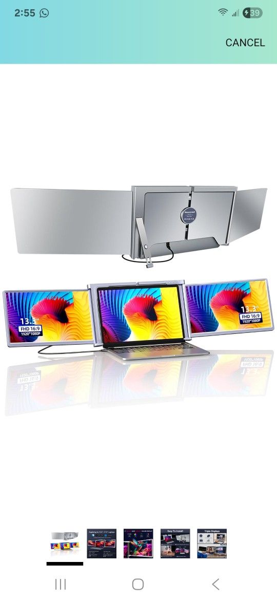 13.3'Laptop Screen Extender, Dual Monitor,Just 1 CABE Type-C/USB-A Plug & Play,1080P FHD IPS Laptop Monitor Extender Compatible with Windows/Mac(M1 M2