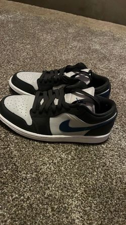Grey white and blue dunks