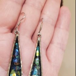 Vintage Sterling Silver Long Marquise Abalone Earrings