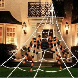 200" Halloween Spider Web + 59" Giant Spider Decorations, Triangular Huge Spiders Web and Hairy Scary Fake Spider, for Indoor Outdoor Porch Yard, Scar