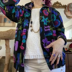 vintage 90s teddi black + multicolored abstract forms light jacket / sz med
