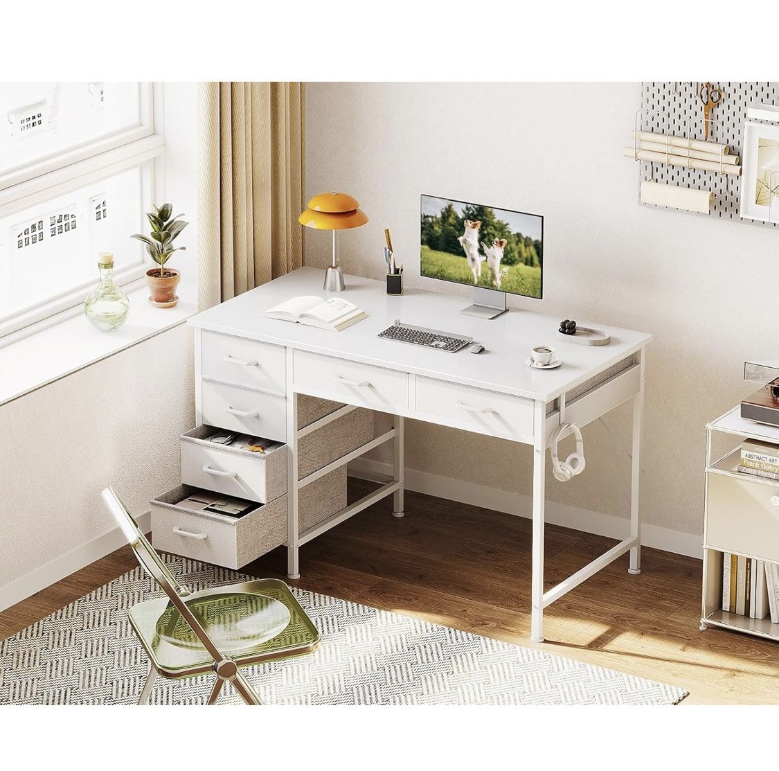 Computer Desk with 6 Drawers, 40 Inch Small Desk with Storage, Reversible Desk
