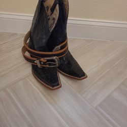 Ostrich Cawboy  Boots Size 10 And Belt Size 44
