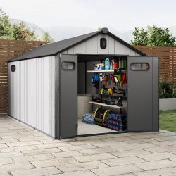 8x16Ft Resin Outdoor Storage Shed, Plastic Garden Shed with Carpet, Outside Weatherproof Storage Building for Tools, Bike, Lawn Mower, Patio, Backyard