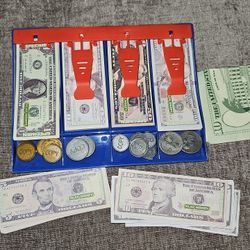Play Money" Kids Toy Cash Drawer Paper Dollar Bills Coin Party Fake Bank Games