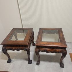 Traditional Carved Mahogany Wood End Tables with Glass Top and Claw Feet (2)