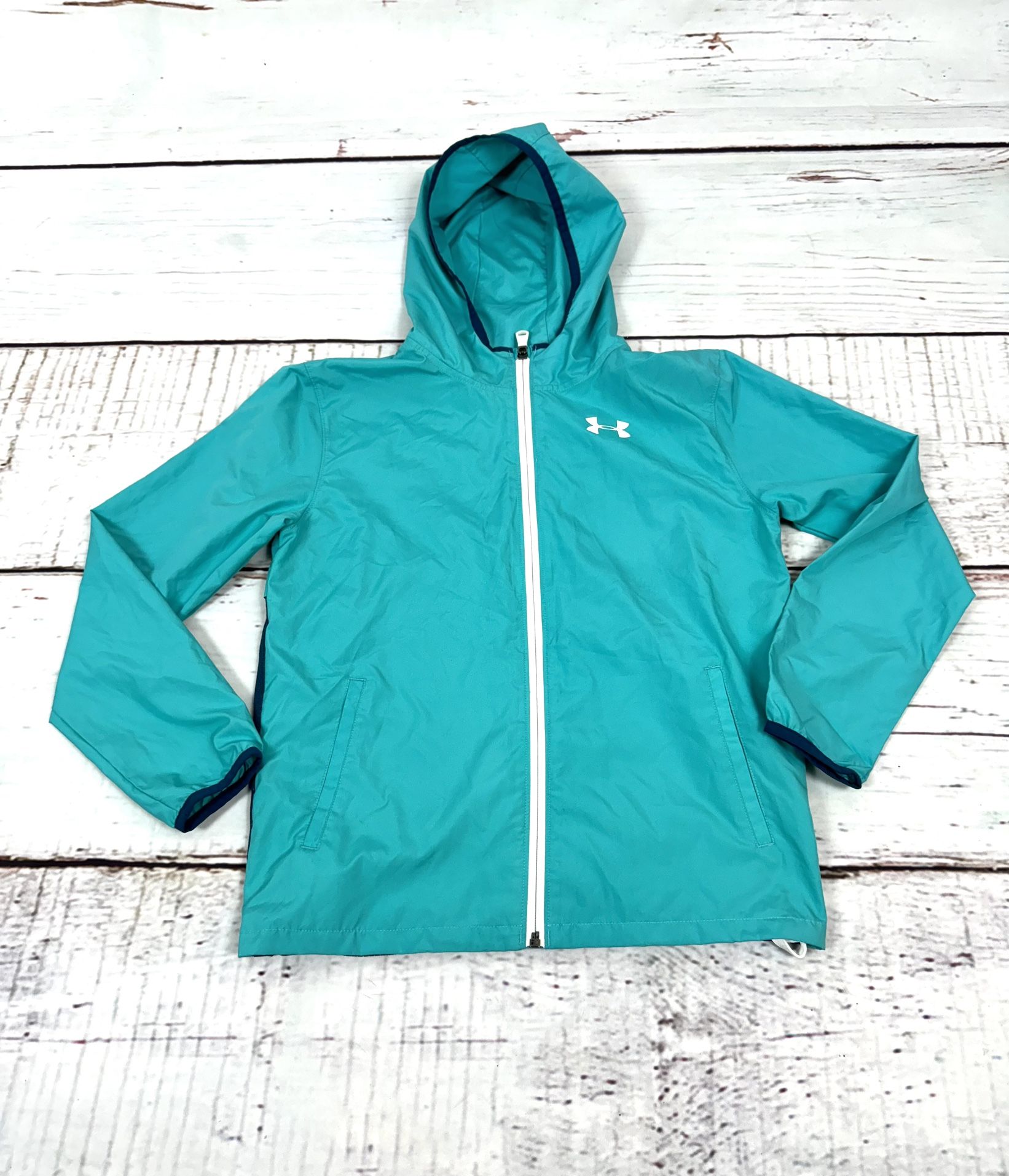 Under Armour Windbreaker rain Jacket Youth med Teal Hooded fold into backpack 