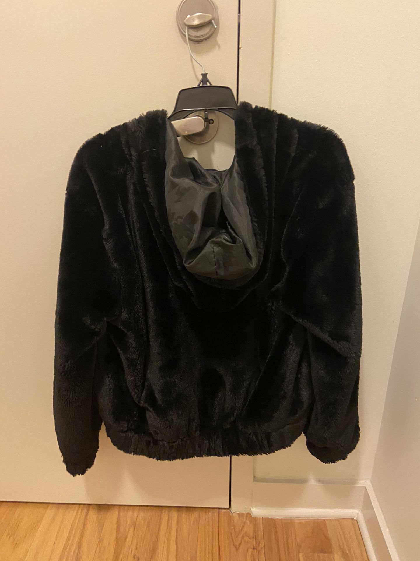 Women’s Black Fur Coat With Hoody - Medium 