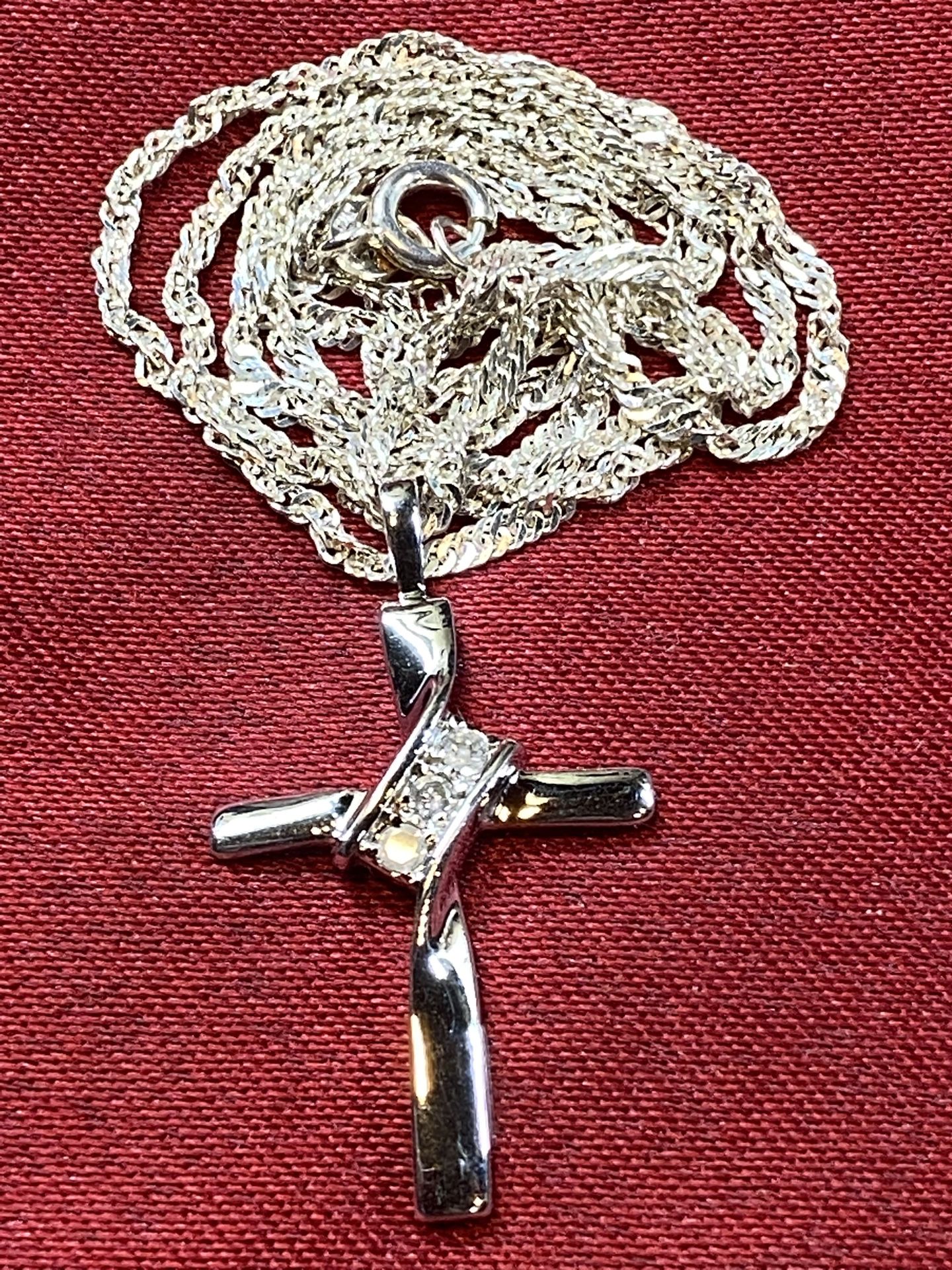 Stunning Vintage Sterling Silver Cross With 3 Diamonds On 925 Italy 19” Chain