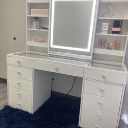 Makeup Vanity With LED  Bluetooth Mirror Built-in shelves, sliding mirror with shelf inside the mirror
