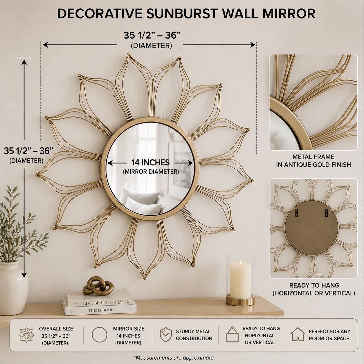 36" Champagne Round Flower Petal Wall Accent Mirror