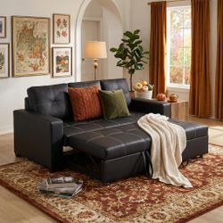 Dalton 85" PU Leather Pull-Out Sleeper Sofa with Tufted Cushions and Pocket Coil Support