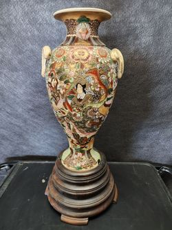 Antique Japanese Satsuma Vase with Carved Wooden Stand - 2 Feet Tall
