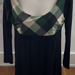 Vintage Forever 21 Women’s Black Tunic with Green Plaid Front Long Sleeve, size S Made in USA 