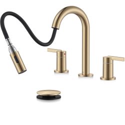 Champagne Bronze Pull Down Widespread Bathroom Faucet 2 Handle 3 Hole