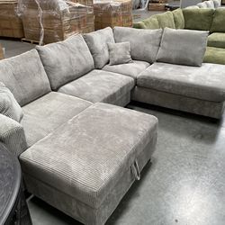 New! Plush Gray Sectional, Sectional And Storage Ottoman, Sectionals, Sofa, Couch, Gray Couch, green Couch, Corduroy Sectional, USB Charger Sofa Dimen