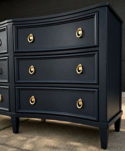 Modern Navy Blue 6-Drawer Bowfront Dresser with Brass Hardware