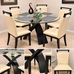 Modern 5-Piece Round Glass Dining Table Set – Black Sculptural Base & 4 Cream Chairs
