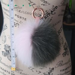 8" Long Hunter Green & Light Pink Fur 6" Pom Pom Keychain + 2 Fur Freebies 
