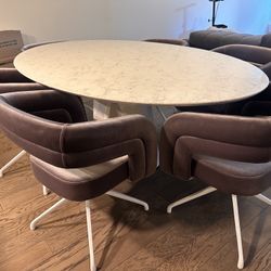 Pristine White, Gray Marble Oval Dinner Table