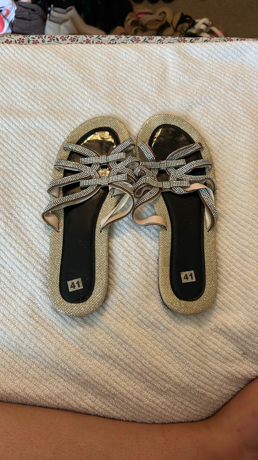 Size 9, Gold and Black Strapped Sandals