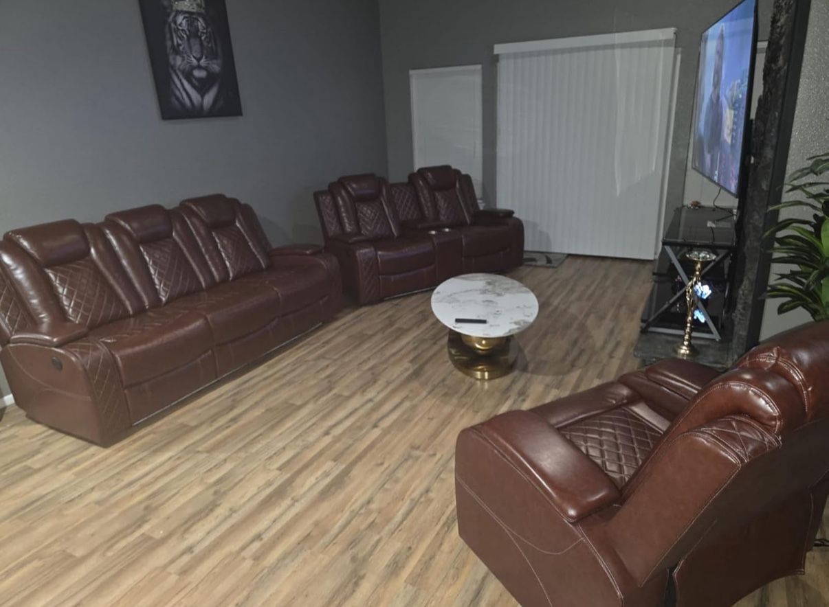 Reddish Brown Power Reclining Couch Set 3 Pieces